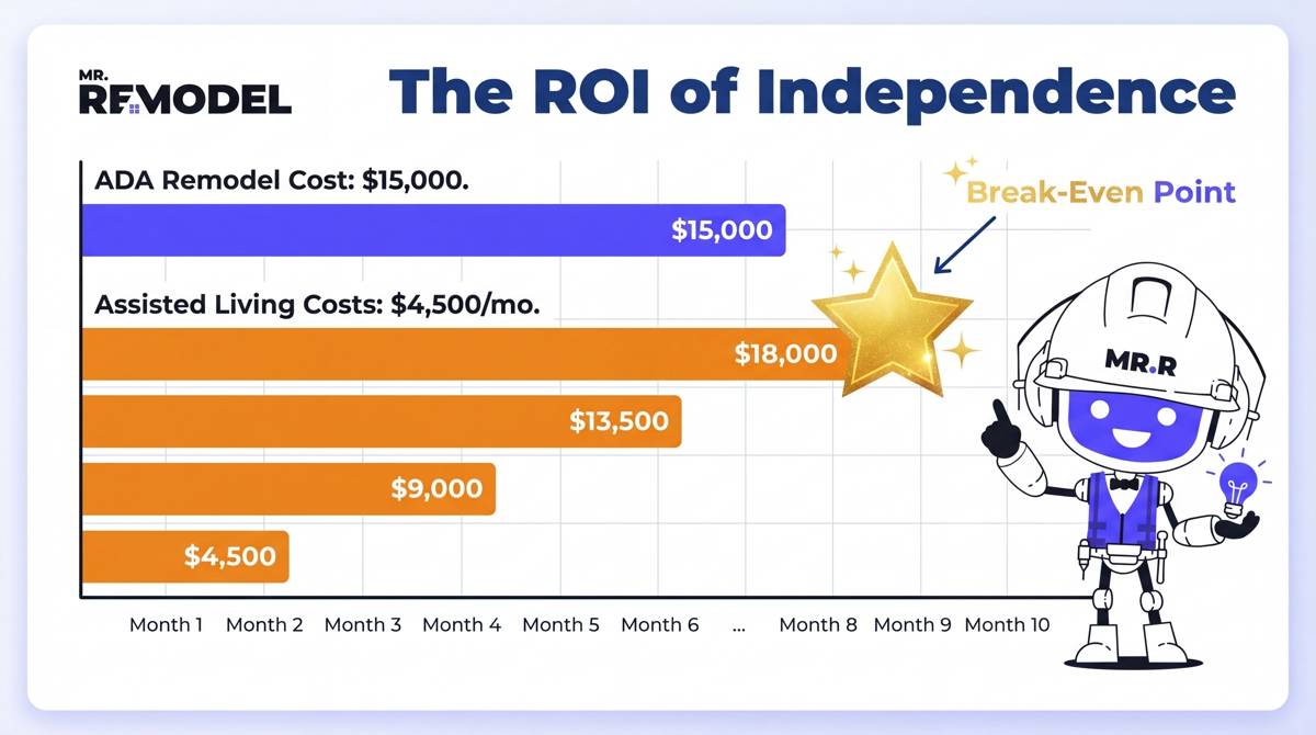 A financial infographic showing that a $15,000 ADA bathroom remodel pays for itself in just four months by avoiding the high costs of assisted living.